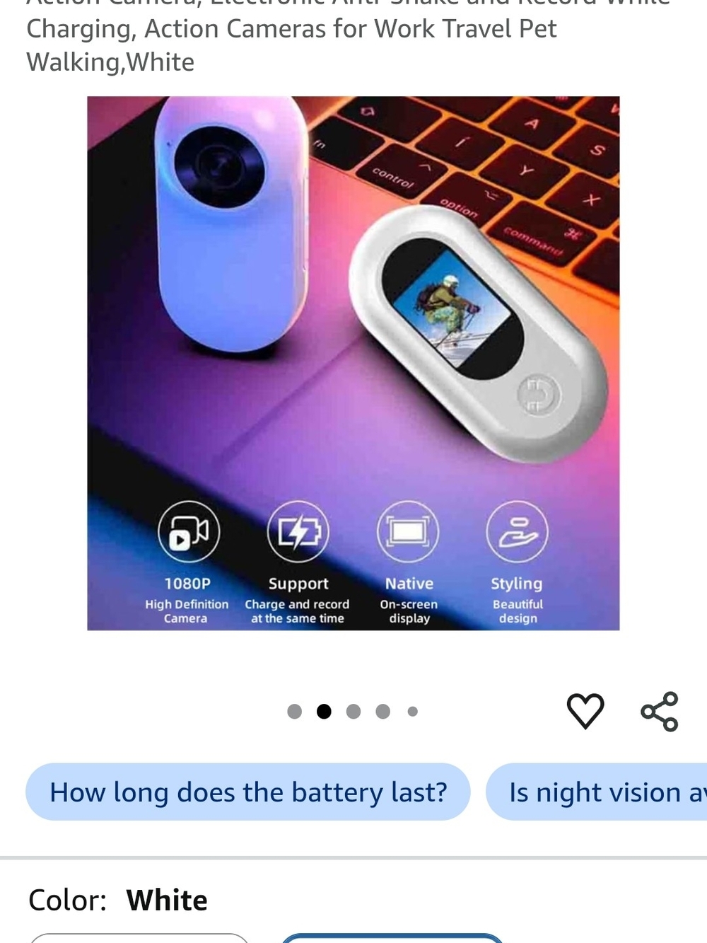 Compact White Mini Action Camera with Built-In Display - Picture 2 of 4